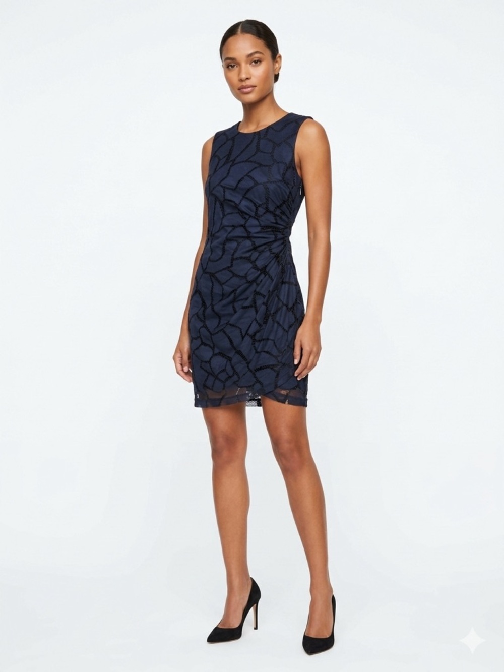 Sea New York Netted Lace Ruched Sheath Dress in Navy.